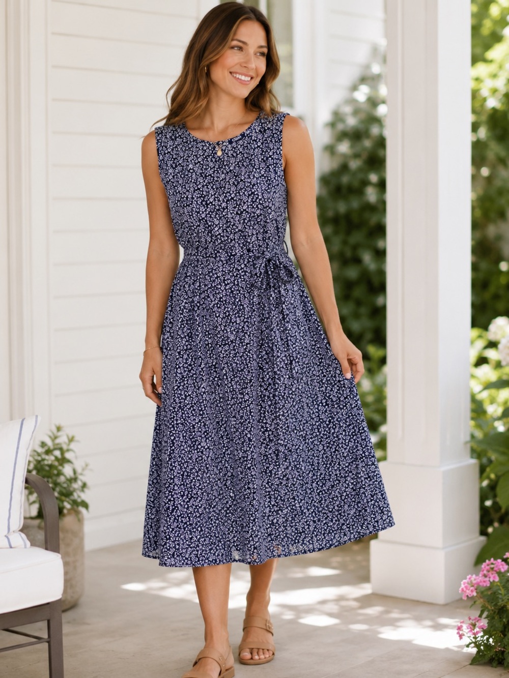 Chaps Navy Floral Sleeveless Tie Waist Midi Dress 1X - Picture 1 of 8